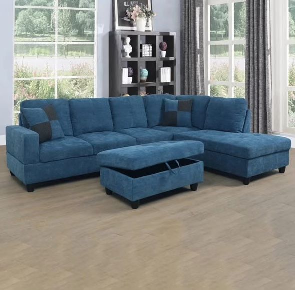 New Blue Flannel Sectional Sofa W/ Ottoman And Pillows Brand New In Boxes