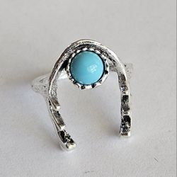 TURQUOISE DOUBLE LUCKY HORSESHOE NEW SIZE 6 FASHION SILVER RING
