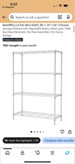 36" x 14" x 54" | Chrome Storage Shelves with Adjustable Racks, Holds upto 1000 lbs | Rust-Resistant, No-Tool Assembly | For Home, Garage