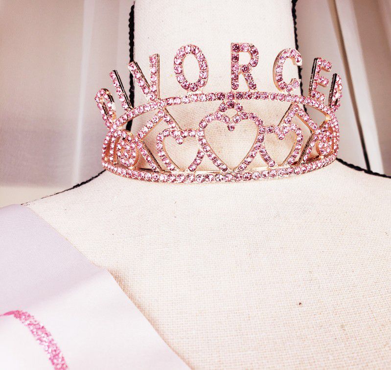 Finally Divorced White & Pink Glitter Sash with Pink Rhinestone DIVORCED Tiara $25
