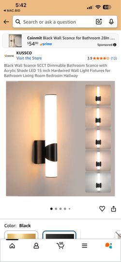 Black Wall Sconce  Dimmable Sconce with Shade LED 15 inch