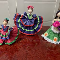 New Set of 3 Corn Husk Mexican Dancing Dolls 4” - 6” H Artisan made 🇲🇽 Mexico