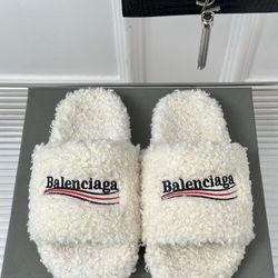 Balenciaga Shearling Logo Slides – Cream | Cozy Luxury 🔥