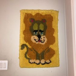 Vintage Large Lion Latch Hook Rug, Wall Hanging MCM 70’s