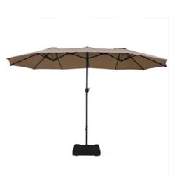 New 15 ft. Outdoor Patio Market Umbrella in Tan with Crank and Base In Box