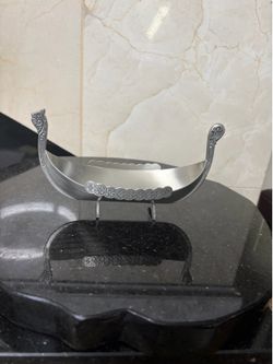 Viking ship salt cellar pewter , spoon dragon head longship