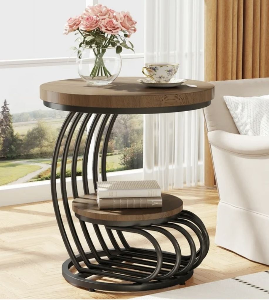 Tribesigns Round End Side Table: 2 Tiers Storage Shelves, End Table, Bedside Table Accent Table