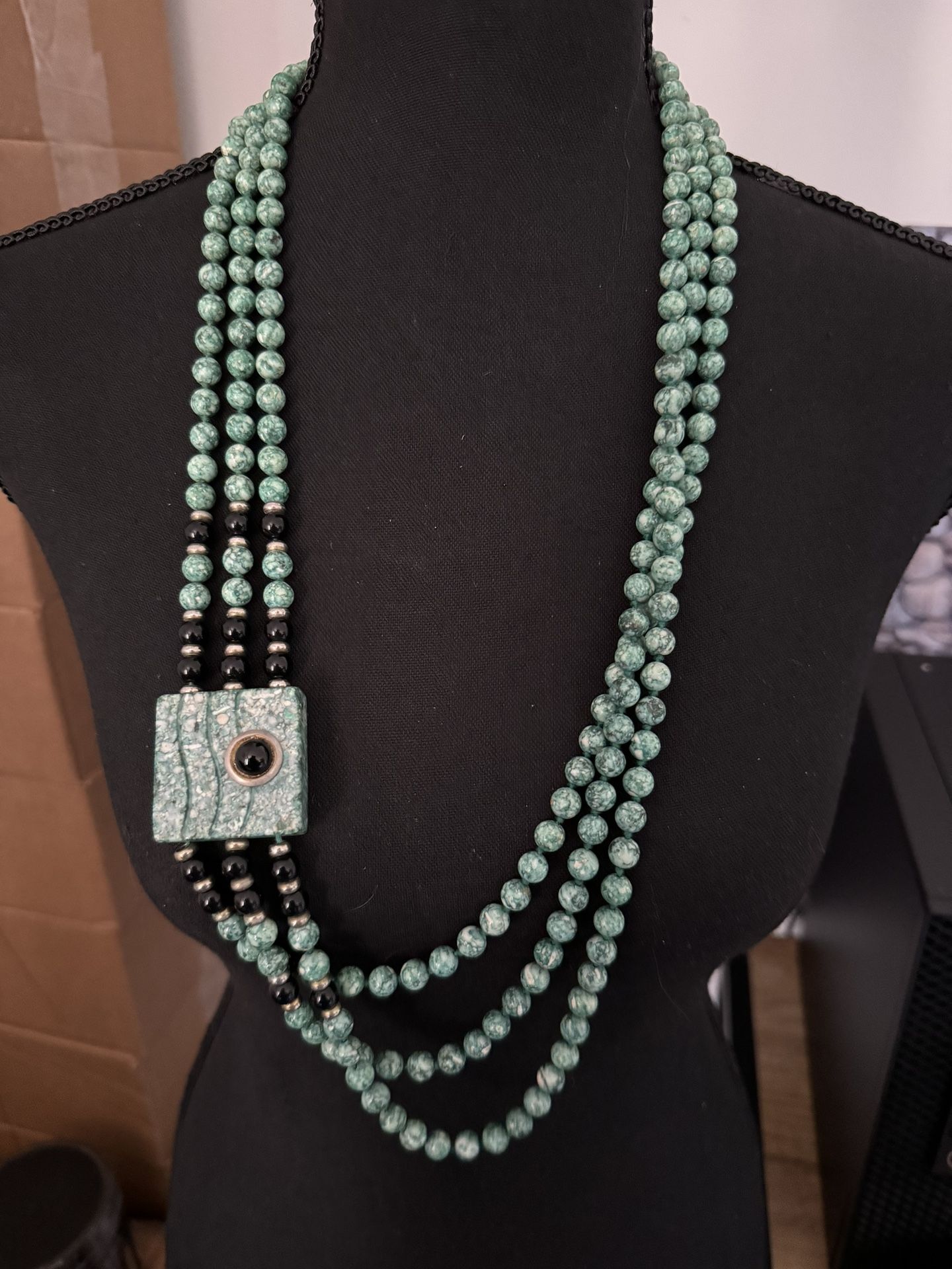 Vintage Stunning Turquoise & Onyx Beaded Necklace w/Large Square Turquoise Stone