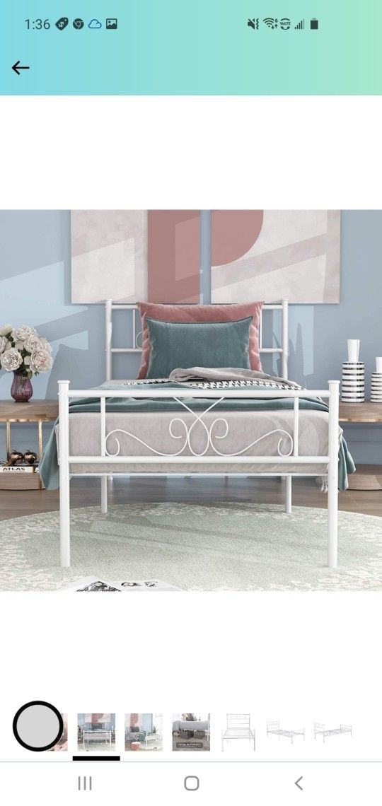(B33) New Single Bed Platform Kids Boys Adult No Box Spring Needed Princess White Twin Size Bed Frame with Headboard and Footboard Mattress Foundation
