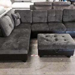 Dark Grey Microfiber Sectional Couch And Ottoman