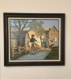 H Hargrove Serigraph Puppy Love Kids On Bikes Signed Framed/Matte 26x30