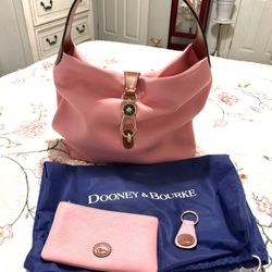 New! Dooney & Bourke pink and Brown All Leather Handbag, Key Fob and Wallet 