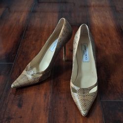 JIMMY CHOO Tan Snake Print Pointed Toe Stiletto Pumps Heels 37.5 EU 7.5 US 