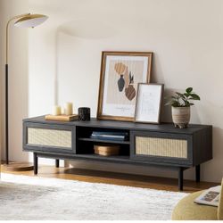 3003-BLK Haylee 59" TV Stand, Modern Boho Farmhouse Entertainment Center, Natural Rattan TV Console, TV Stand with Storage, Media Console, for Living 