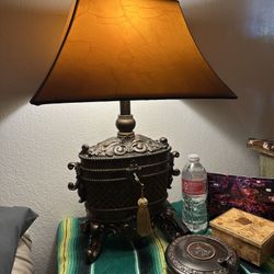 Antique Lamp with leather lampshade. 