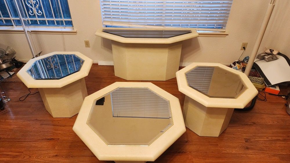 Vintage Mirror Top Coffe Table, 2 End Tables, Console Table Set