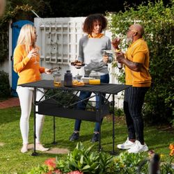 New! New!!Camping Table Outdoor Portable Table with Storage Adjustable Aluminum Table for Grill Travel Table Outdoor Picnic,Beach,BBQ,Backyards46.46in