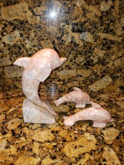 Pink Marble Carved Dolphin Statue