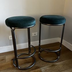 West Elm Cora Counter Stools Qty: 2 | Dark Green Velvet & Gunmetal