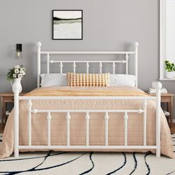 🔥Clearance Queen Bed Frame, Metal Platform Bed with Vintage Headboard & No Box Spring Needed