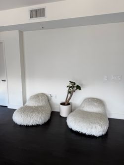 Pair of White Faux Fur Lounge Chairs