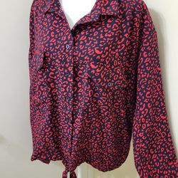 Collared Button Front Long Sleeve Red Animal Print Blouse Size XXXL