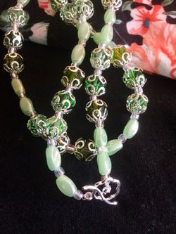Fashion Jewelry / Soft green and silver with glass and crystal beads necklace / Silver Toggle clasp New Jewelry