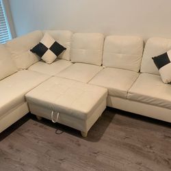 White Leather Sectional Sofa Couch With Storage Ottoman And Pillows New In Packaging 