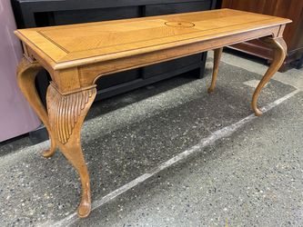 Vintage Cabriole Legged Wooden Console Table w/ Circle Inlay