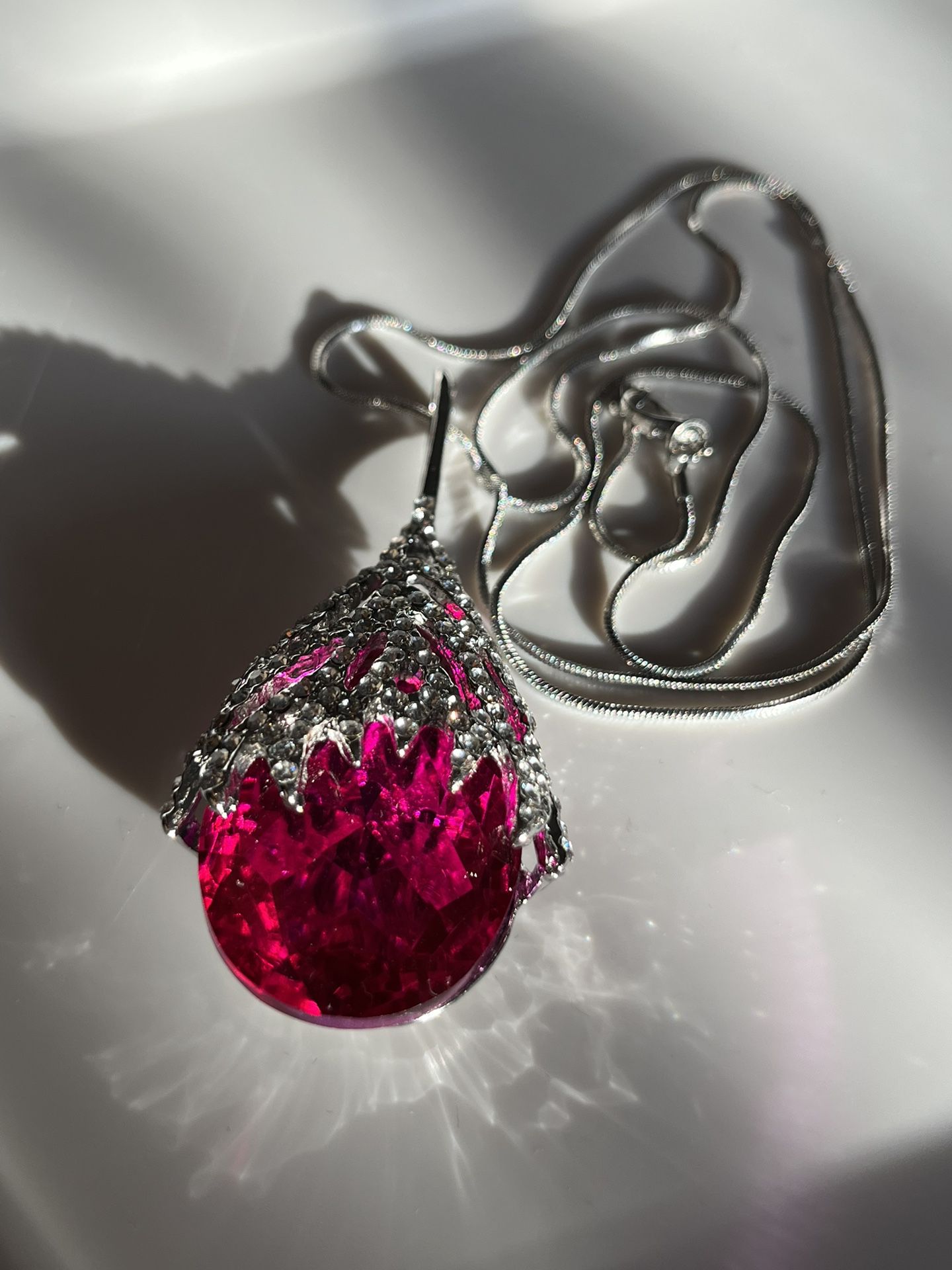 Pink Ruby And Silver Teardrop Pendant Necklace 