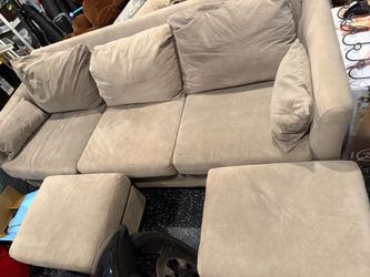 Sofa / Couch set with 2 Ottoman Foot Rests Tan / Khaki 90”x35”