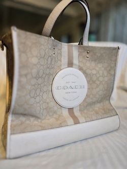 Coach Dempsey Tote Bag in Signature Jacquard with the central stripe and leather logo patch in Light Khaki/Chalk White