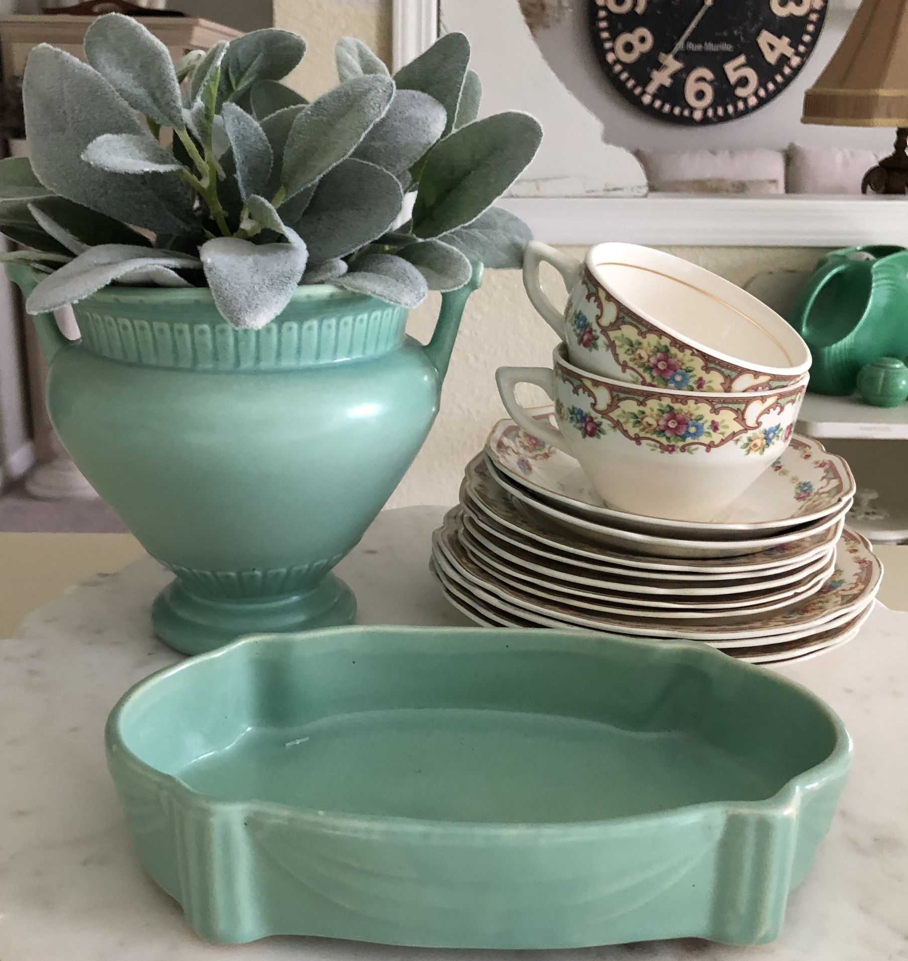 Vintage Pottery• Rumrill RedWing Green Pottery Vase #641 & Oval Footed Planter