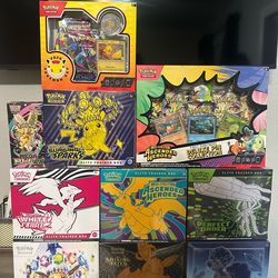 New sealed Pokémon ETB lot as pictured maybe willing to trade for Celebrations or Paldaen Fates ETB box and cash or work something out
