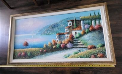 Large Oil Painting Framed Mediterranean Scenery Very Colorful Attractive Look ,it Has A Signature  . Size 53 × 29