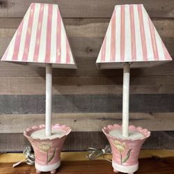 Handpainted Wooden Flower Pot Lamps Set Of 2