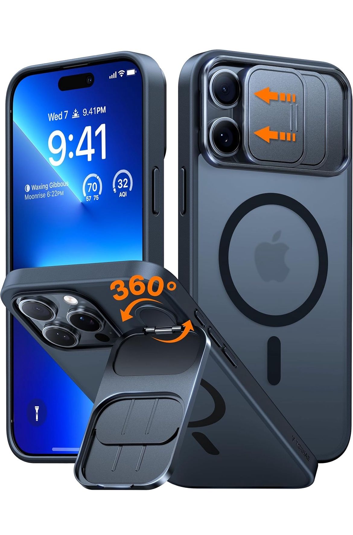 TORRAS Magnetic for iPhone 15 Pro Max Case with Camera Cover Lens Stand, [Fit for MagSafe] [4X Mil-Grade Protection] [ [360° Spin Kickstand] Shockproo
