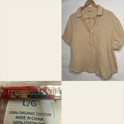 Magaschoni New Without Tags 100% Organic Cotton Loose Fit Vneck Blouse Top Sand Color Sz Large