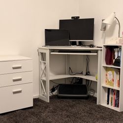 Corner Desk, Shelves, File Cabinet 