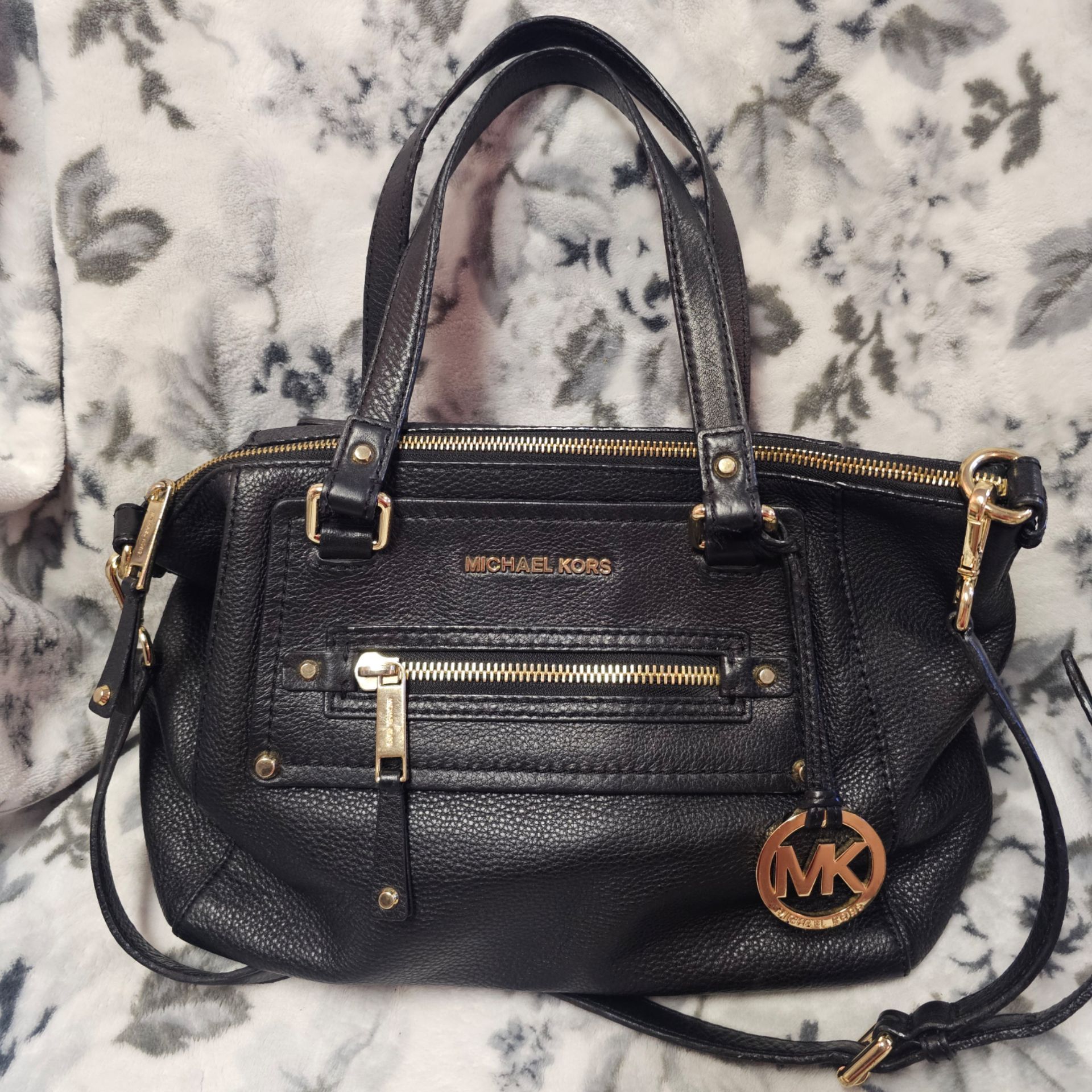 Michael Kors Black Pebbled Leather Satchel with Gold Hardware