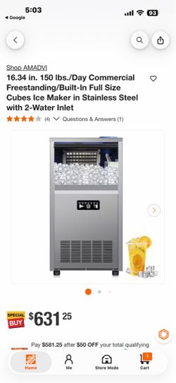 AMADVI 16.34 in. 150 lbs./Day Commercial Freestanding/Built-In Full Size Cubes Ice Maker in Stainless Steel with 2-Water Inlet
