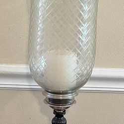 19” DIAMOND CUT GLASS & METAL HURRICANE CANDLE HOLDER