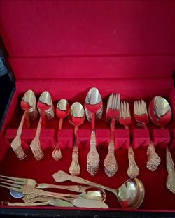 Flatware gold 24k plated Stanley Roberts- Royalty, with case over eighty pieces