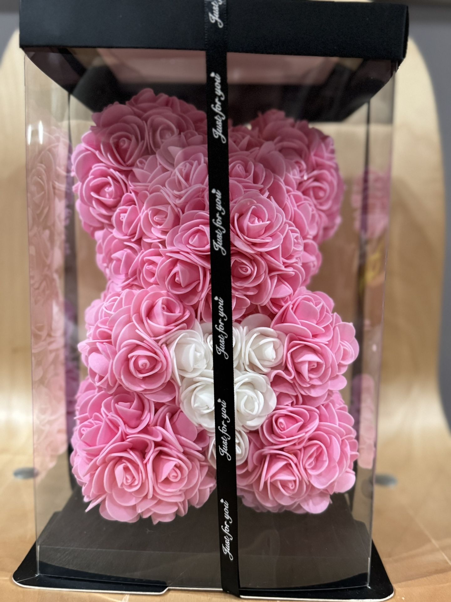 Light up Pink foam rose bear with white heart - lights up with 3 settings