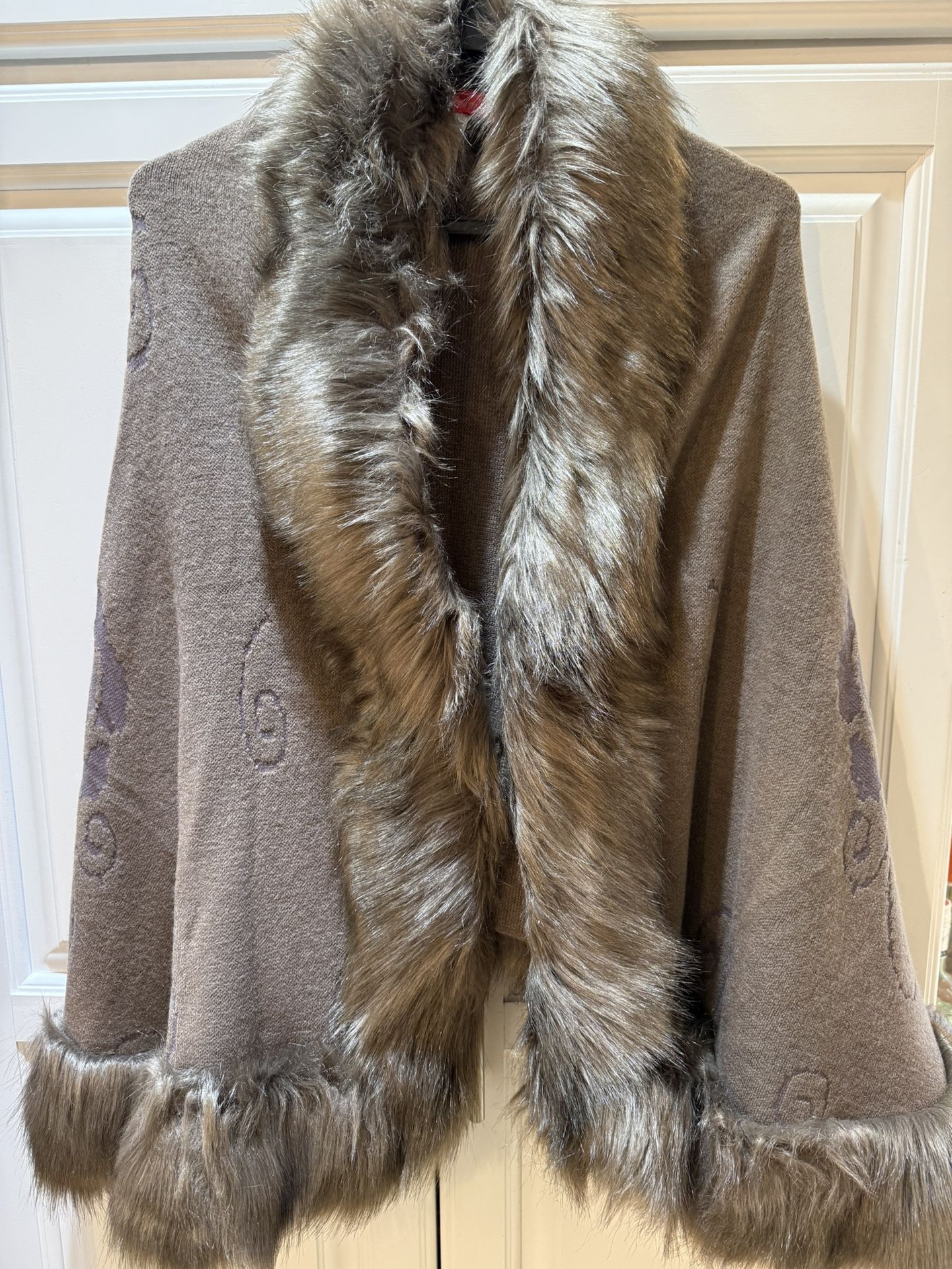 Brown Faux Fur Trim Cape Cardigan one size
