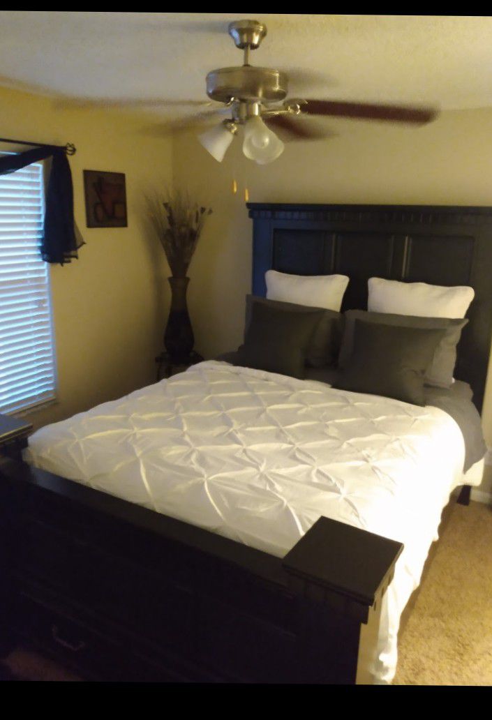 Large Queen Size Bed Frame With Tall Dresser (No Mattress) ALso Has Storage Drawers In Front 