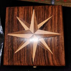 Compass And Clock Nautical In Wood Inlaid Box