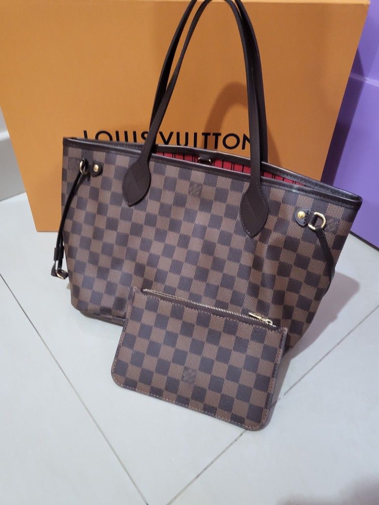 LOUIS VUITTON Neverfull PM Shoulder Tote Bag Damier Leather And Pouch 