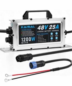 Brand new in the box- 48V 25A Lithium Battery Charger 48 Volt 1200W 0V Wake Up LiFePO4 Charger IP67 Waterproof+8 Protection≥94% Efficiency+16FT Cord,