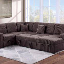 BROWN FLUFFY CORDUROY SECTIONAL SLEEPER SOFA WITH PULL OUT SOFA BED 